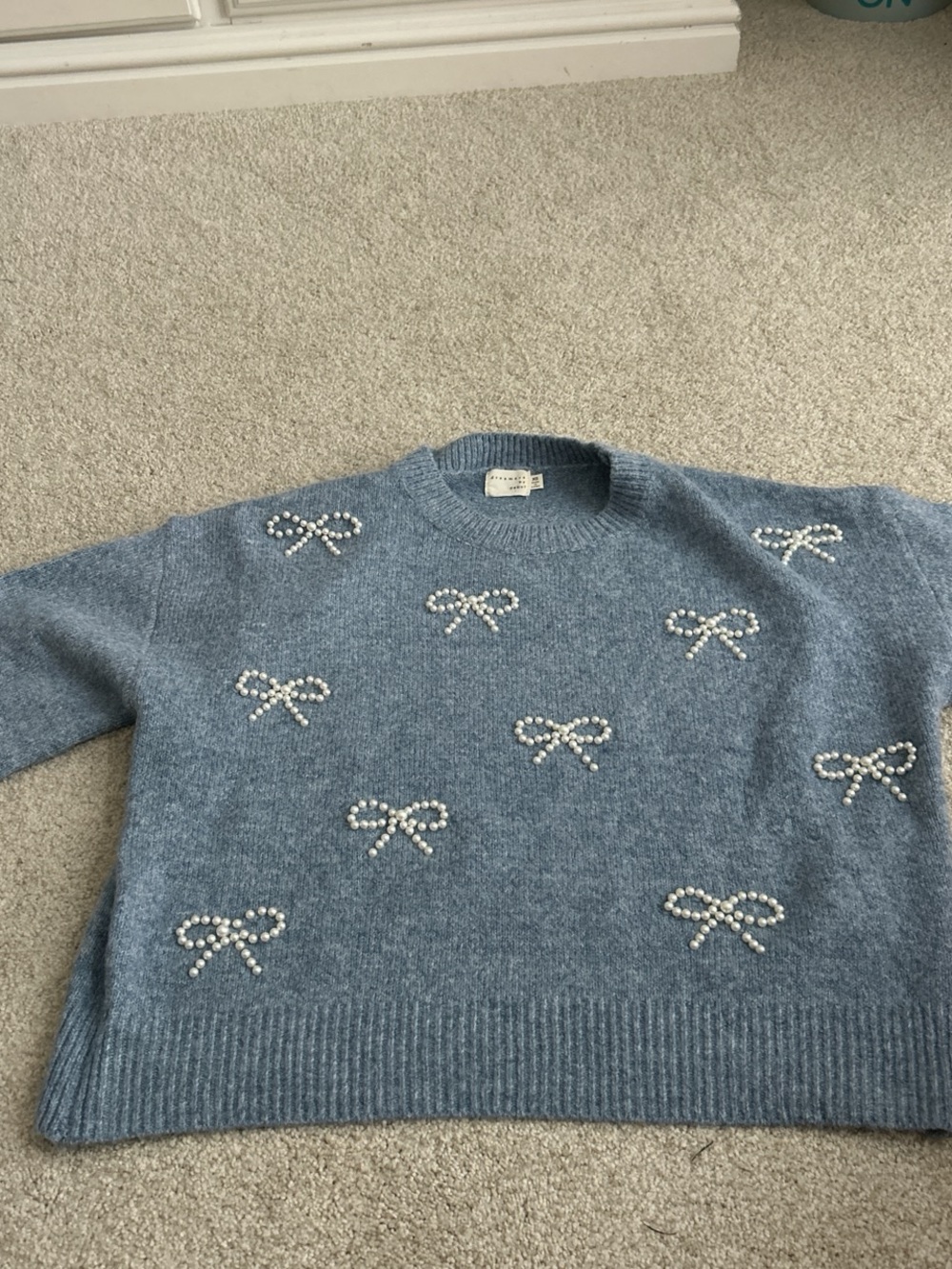 Pearl Bow Embellished Light Blue Crewneck Sweater